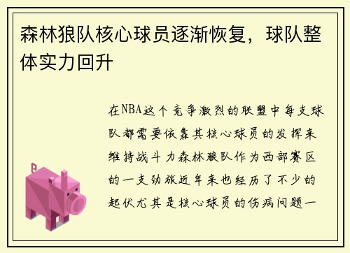 森林狼队核心球员逐渐恢复，球队整体实力回升