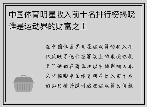 中国体育明星收入前十名排行榜揭晓谁是运动界的财富之王