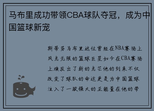 马布里成功带领CBA球队夺冠，成为中国篮球新宠